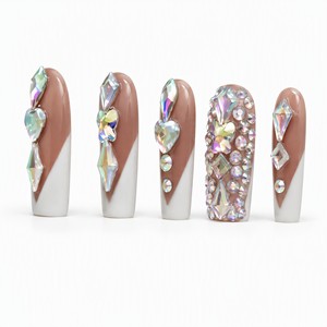 Faux ongles à presser en acrylique faits main, longs, forme cercueil, avec strass, couvrance totale, pour doigts - Product Image 2