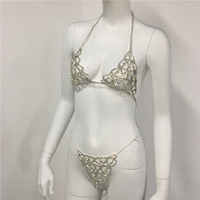 Jsn9202346 Bikini Set Met Diamant Klauw Ketting Sling Ondergoed Sexy Bikini Dames Holle Doorzichtige Bh Body Chain