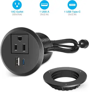 Toma de corriente inteligente de 2 pulgadas para muebles de oficina, Minitoma de corriente redonda con USBA + USB-C/toma de corriente de escritorio integrada para EE. UU.