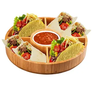 Wholesale Large Bamboo Decorative Appetizer Serving Dip Platters Round Bamboo Cheese Chips Tray With Dip Dish Wooden Round Tray