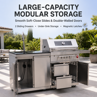Cuisine extérieure modulaire en acier inoxydable, îlot barbecue au charbon de bois avec évier, armoire de rangement, plan de travail en marbre, grille de barbecue de 8 mm