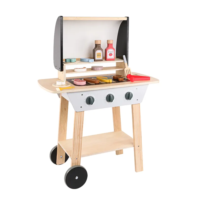 Nuovo arrivo cucina gioca giocattolo Montessori Barbecue Grill spiedini tagliacarne Set Barbecue in legno giocattolo per Barbecue all'aperto