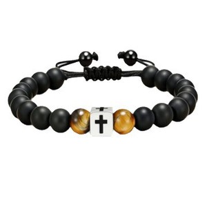 Bracciale Intrecciato con Perline in Occhio di <span class=keywords><strong>Tigre</strong></span> Blu Opaco, Bracciale Sportivo con Croce, Gioiello Regalo per Uomo - Product Image 5