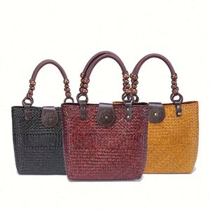 Women's Ethnic Handmade Seaweed Woven Bag Portable Shoulder Bag <b>Chains</b> Travel Holidays Beach <b>Handbag</b> with Beads Handle - Product Image 5