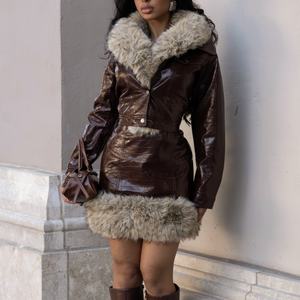 Conjunto de Dos Piezas de Piel Sintética para Otoño e Invierno, Chaqueta de Manga Larga y Falda Corta Sexy Ajustada a la Cintura - Product Image 2