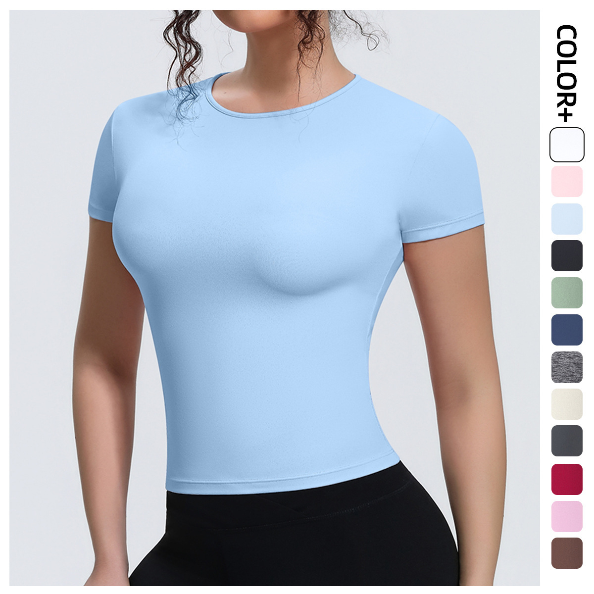 New Cross-border Sports Top Naked Feel Waist-cinching Slim-fit Short-sleeved Breathable Spandex/Nylon Solid Yoga Shirt T-shirt