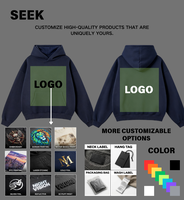 Hoodie oversize SEEK pour homme, 340 GSM, polaire brossé, bleu marine, logo personnalisé, streetwear, vente en gros, petite série