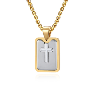 KOMI <span class=keywords><strong>Argent</strong></span> Noir Or Acier Inoxydable Rectangle Médaille Gravé Croix Pendentif <span class=keywords><strong>Collier</strong></span> pour Hommes Boîte Chaîne 24 Pouces Bijoux Cadeaux - Product Image 1