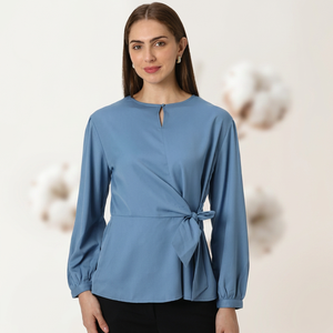 Blusa Elegante para Mujer con Estampado Floral Digital, Botones y Lazo, Corte Regular, Manga Larga, Chifón y Algodón, para Uso Diario - Product Image 4