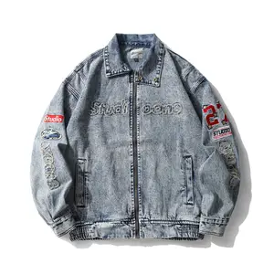 High quality Washed Knitted Latest Boys Denim Jacket Coat Custom Embroidery Sky Blue Printed Denim Jackets For Men