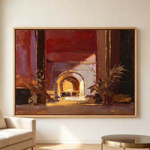 <span class=keywords><strong>Peinture</strong></span> intérieure Art Déco impasto peinte à la main, cheminée en pierre lumineuse, finition délicate en feuille d'or, tons riches de prune bordeaux et bleu - Product Image 6