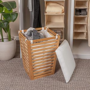 Wooden Laundry Basket With <b>Cushion</b> Rectangle Cotton Washable <b>Storage</b> Organizer For Home Bedroom Use - Product Image 1