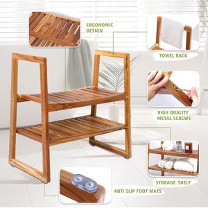 Wooden <b>Bathroom</b> <b>Stool</b> With Armrests 2 Tier Solid Wood Minimalist Design For Home Use - Product Image 2