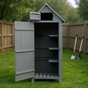 Armoire de rangement extérieure grise 30,3 L, abri de jardin en bois facile à assembler, rangement d'outils pour cour arrière - Product Image 2