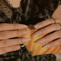 Faux ongles à presser en acrylique à pois et dentelle, forme amande, contraste noir et blanc, style French, pour fournisseurs en gros, salons de manucure et spas