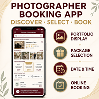 App di Prenotazione Fotografi per Servizi Fotografici, Compatibile con iOS/Android, Visualizzazione Portfolio su Internet, Selezione Pacchetti e Interfaccia Utente