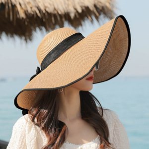 Cổ phiếu Trung Quốc sombreros de paja rộng vành phụ nữ mặt trời quá khổ Sun Shade mềm bãi biển rơm Sun <span class=keywords><strong>hat</strong></span> với Ribbon - Product Image 3