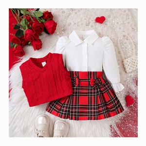 Vestido De Navidad Para Bebé - Rojo A Cuadros Con Manga Larga Y Minifalda Negra, Conjunto Para Fiestas Y Fotos