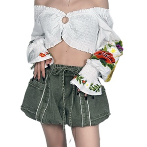 OEM - Nouveau haut court sexy à manches longues et épaules dénudées pour femmes, broderie personnalisée - Product Image 2