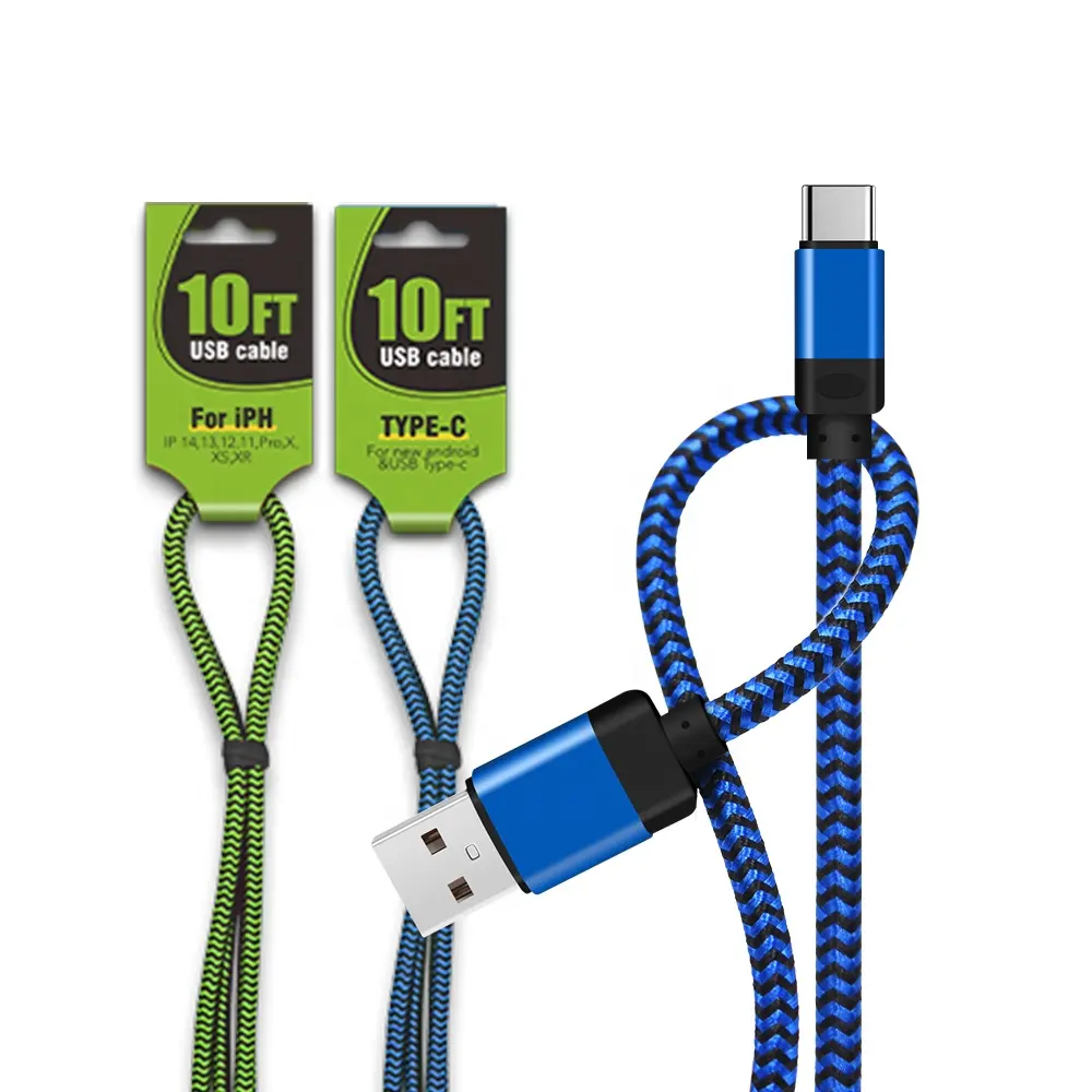 3M/10FT Nylon Braided USB Data Cable 2.1A Fast Charge With Different Charging Port For All Mobile Phones