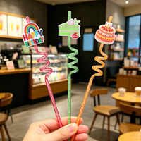 Paille réutilisable en PETG pailleté pour la décoration de gâteaux d'anniversaire pour enfants, avec un design en spirale et en plastique bleu