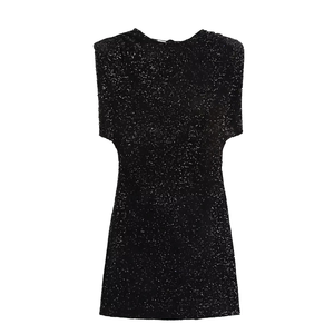 Vestido Mini Ajustado con Lentejuelas y Cuello Redondo, Manga Corta, para Fiesta, Color Negro Sólido, Tejido 100% Poliéster - Product Image 1