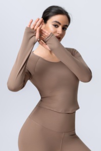 2 Piece Yoga Set Scoop Neck Long Sleeve High Waist Full Length Leggings Solid Color Seamless Spandex Polyester - Product Image 4