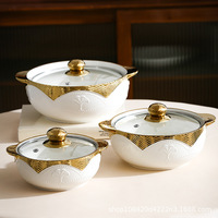 Ensemble de bols à soupe en céramique de grande taille, 3 pièces, deux poignées, couvercle en verre, design haut de gamme, compatible gaz et induction, capacité extra-large, usage domestique et commercial