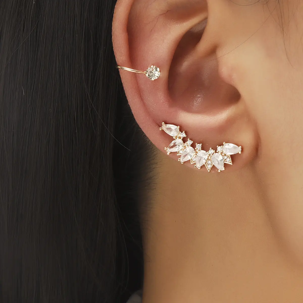 2 adet/takım Trendy klip yıldız küçük elmas kulak klipsi yaprak çiçek ayçiçeği geometrik inci zirkon küpe takı seti kadınlar için