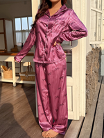 Promo! Set Piyama Satin Motif Pita Bergaris Magenta Ukuran Besar, Kemeja Kancing Lengan Panjang dengan Celana Panjang untuk Pakaian Rumah Musim Panas