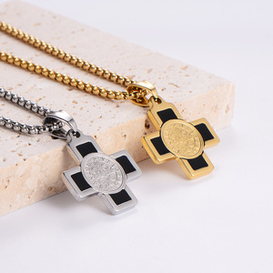 Collier croix Saint Benoît en or 18 carats, pendentif religieux en acier inoxydable avec chaîne en forme de boîte, <span class=keywords><strong>style</strong></span> chrétien tendance - Product Image 4