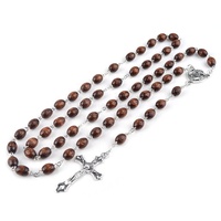 Collier de croix ovale sculpté en bois marron, offre spéciale, perles en forme de cœur, chapelet, centre de table religieux et catholique