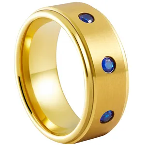 Joyería de moda diseños chapados en oro 8mm carburo de tungsteno para hombre anillo de GEMA de Topacio azul para hombres