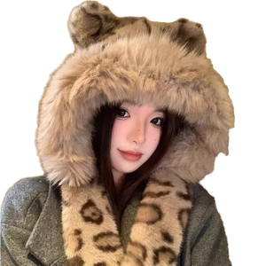 Leopard Print <strong>Bear</strong> Ear Faux Fur <strong>Hat</strong> Scarf All in One Women Winter Warm Earflap <strong>Hat</strong> - Product Image 1