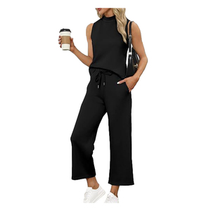 Trajes de verano de dos piezas para mujer, Tops con cuello simulado de patrón sólido con pantalones cortos de pierna ancha para viajes de vacaciones para conjuntos de salón - Product Image 5