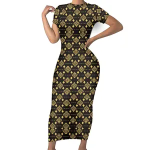 2022 사용자 정의 여성 슬림 맞는 짧은 소매 바로크 인쇄 플러스 사이즈 긴 드레스 숙녀 여름 맥시 드레스