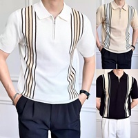 T-shirt à manches courtes pour homme, coupe ajustée, respirant, sans repassage, anti-humidité, tricoté, col à revers, demi-zip, style Old Money, en soie glacée