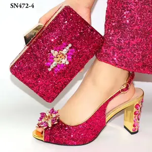 이탈리아 스타일 하이힐 구두 지갑 다이아몬드 자홍색 나이지리아 결혼식 신발과 일치하는 가방