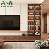 Meuble TV mural blanc et noyer, six tiroirs en bois avec boutons ronds, vitrine en verre, niche TV éclairée pour salon