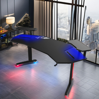 Table de jeu moderne avec éclairage LED RGB de 180 cm, surface en carbone, porte-gobelet, bureau de jeu pour ordinateur PC confortable, matériau métallique