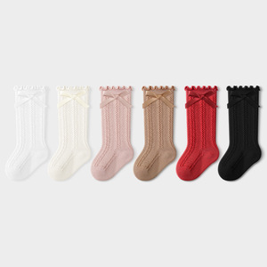Chaussettes pour bébé, chaussettes mi-mollet avec nœud et bordure en dentelle, non irritantes pour les jambes, look uniforme scolaire, couleur unie, chaussettes de princesse douces - Product Image 1