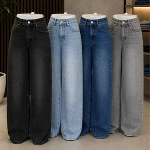 Jeans à <span class=keywords><strong>taille</strong></span> <span class=keywords><strong>haute</strong></span> et jambes larges pour femmes, <span class=keywords><strong>pantalon</strong></span> en denim délavé vintage pour un style décontracté au quotidien - Product Image 1