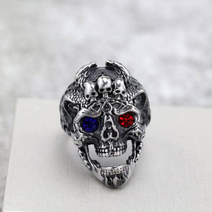 Retro Stainless Steel Men's <b>Skull</b> <b>Ring</b> With Red And Blue Gemstones Punk Style Jewelry Gift - Product Image 4