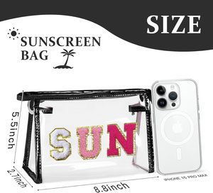 Bolso pequeño con letras <span class=keywords><strong>de</strong></span> chenilla negra, bolso <span class=keywords><strong>de</strong></span> <span class=keywords><strong>maquillaje</strong></span> con cremallera impermeable, logotipo <span class=keywords><strong>para</strong></span> viajes, mujeres, <span class=keywords><strong>adolescentes</strong></span>, bolsa <span class=keywords><strong>de</strong></span> protección solar <span class=keywords><strong>para</strong></span> playa <span class=keywords><strong>de</strong></span> verano - Product Image 3