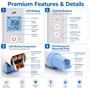Professional Handheld Digital <b>PH</b> Meter ORP Temperature <b>Tester</b> IP67 Waterproof ATC Replaceable Probe Water Quality Monitor - Product Image 6