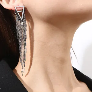 Fashional exaggerated light luxury senior sense silver needle triangle diamond black long fringe tassel earrings