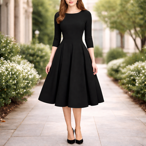 Robe <span class=keywords><strong>midi</strong></span> noire pour femme, coupe trapèze, manches 3/4, col rond, style décontracté et élégant - Product Image 1