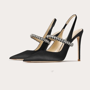 Zapatos de Tacón de Aguja Profesionales para Mujer, Tallas 32-45, de Satén de Seda Color Nude con Pedrería, Correa en el Tobillo, Punta Puntiaguda, Talón Abierto, Modelo 2026, Tacón de 6-8 cm - Product Image 1