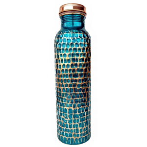 Bouteille d'eau en cuivre antique, bouteille en cuivre gravée, bouteille en cuivre texturée, bouteille en cuivre à patine bleue, bouteille en cuivre faite à la main, ayurv - Product Image 1