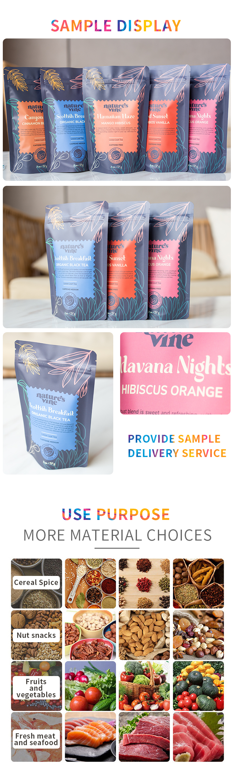 Plastic Tea Packaging Stand Up Pouch With Standard Size Multiple Colors For Tea